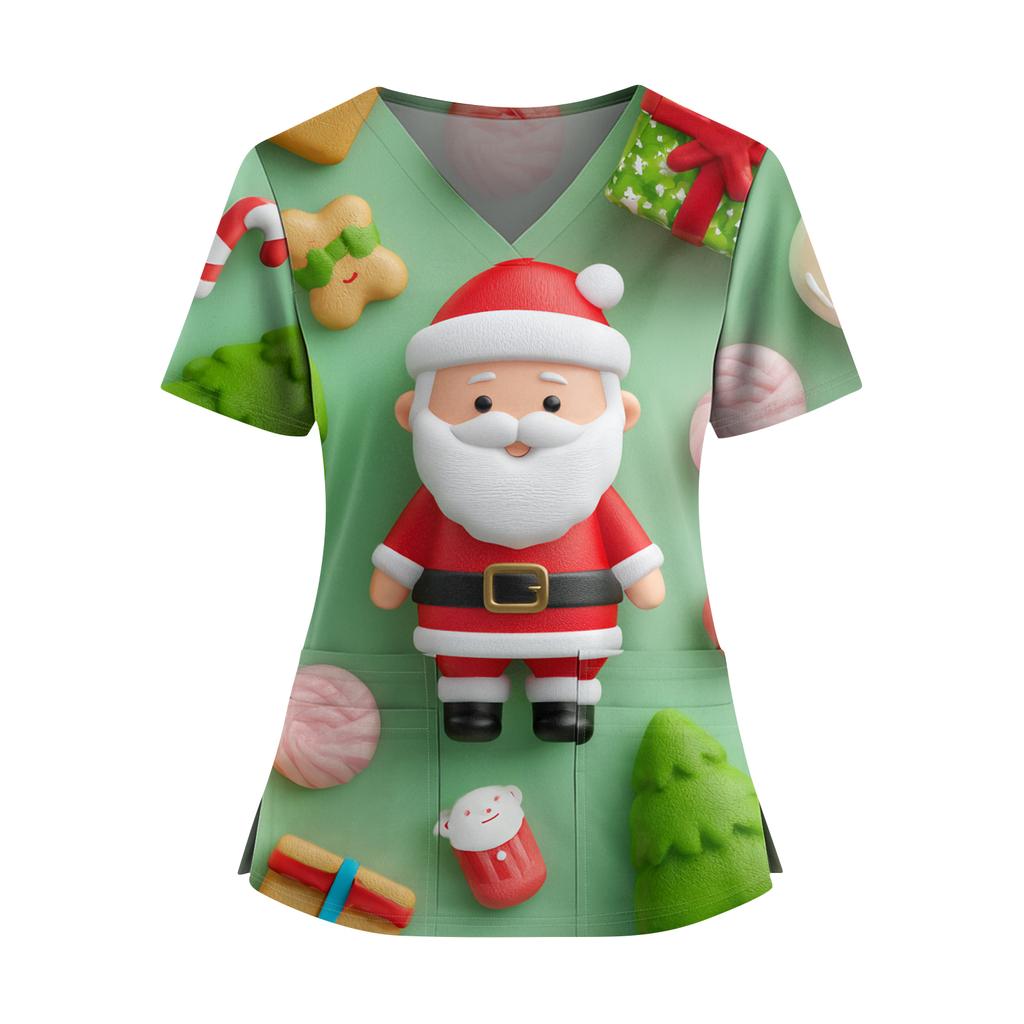 Women's Christmas Print V-Neck Double Pocket Short Sleeves Hem Slit Uniform And Caregiver Top