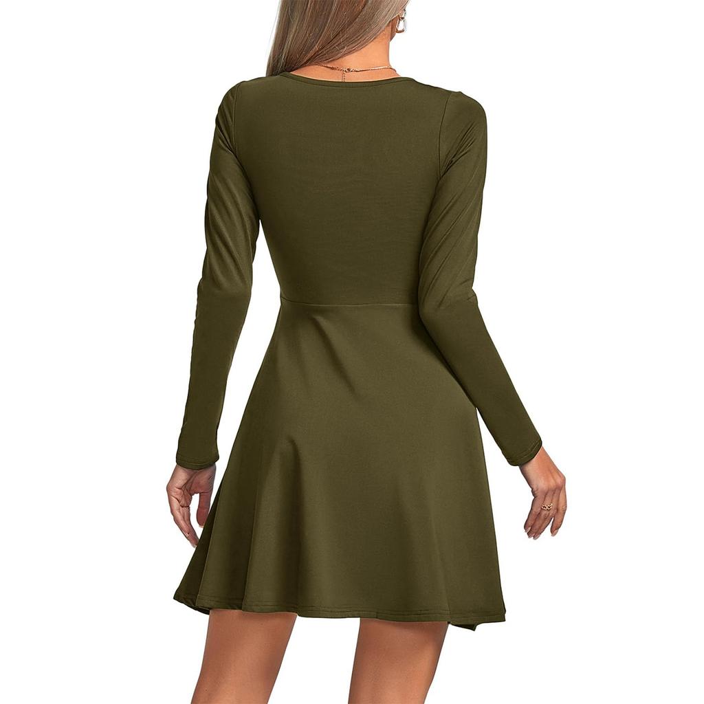 Womens Fashionable Solid Color Long Sleeved V Neck Long Sleeved Dress