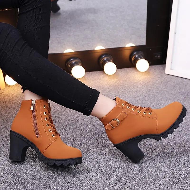 Winter 2024 New High Heeled Women Boots Cross Straps Short Boots Comfortable Waterproof Boots Warm Plus Size 42 Botas Femininas