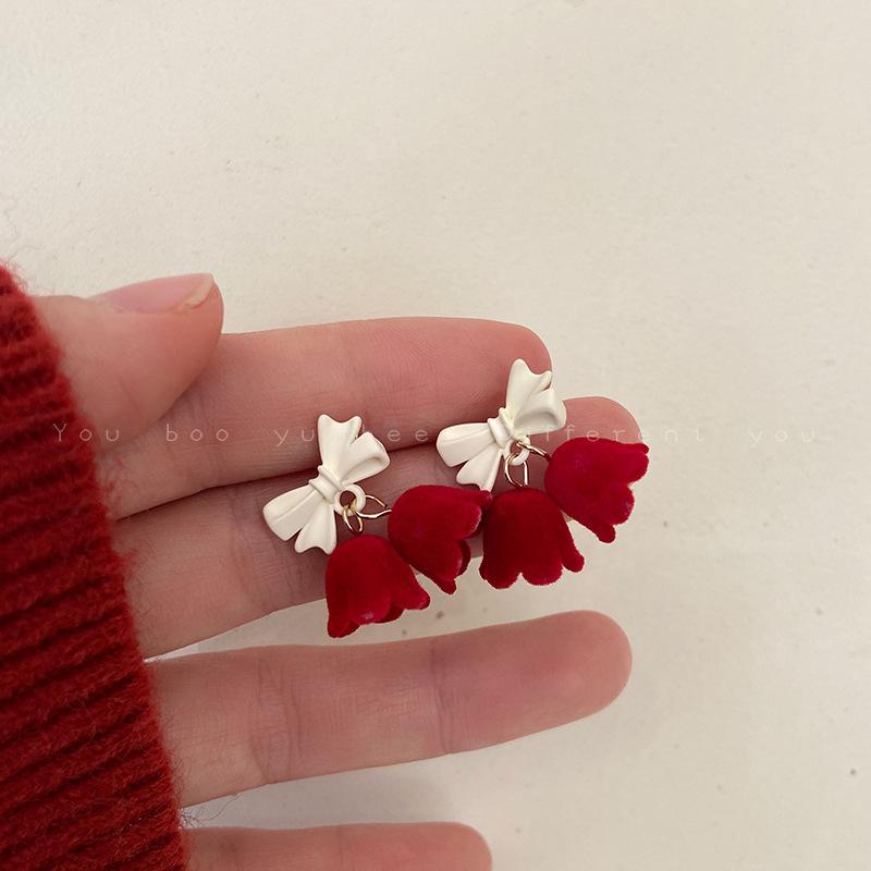 Festive red velvet bow stud earrings women's earrings temperament sweet flower long fringed earrings earrings autumn and winter