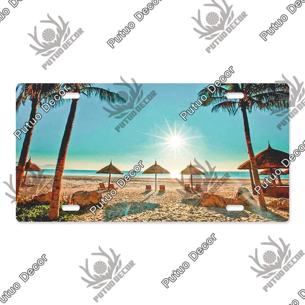 Putuo Decor Beach Licenses Plate Vintage Tin Sign Plaque Metal Car Plate for Living Room Door House Home Wall Art Decor