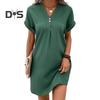 Летнее женское платье с V-образным вырезом и пуговицами с короткими рукавами Свободный однотонный пуловер Повседневная повседневная одежда Мини-платье для свиданий