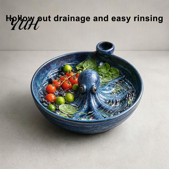 Retro Style Fruit Bowl Octopus Shaped Berry Washing with Drainage Slots, Ceramic Rinse Strainer, Decorative Vegetable Colander for Berries And Fruits