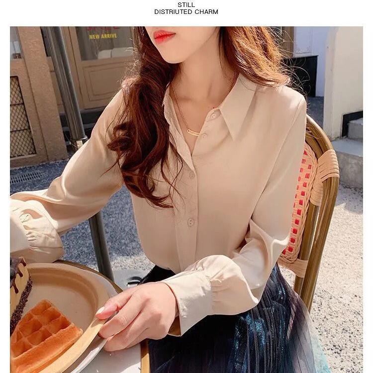 Женские шелковые рубашки с v-образным вырезом, однотонные топы, женские весенние модные атласные блузки с длинными рукавами, винтажный топ на пуговицах