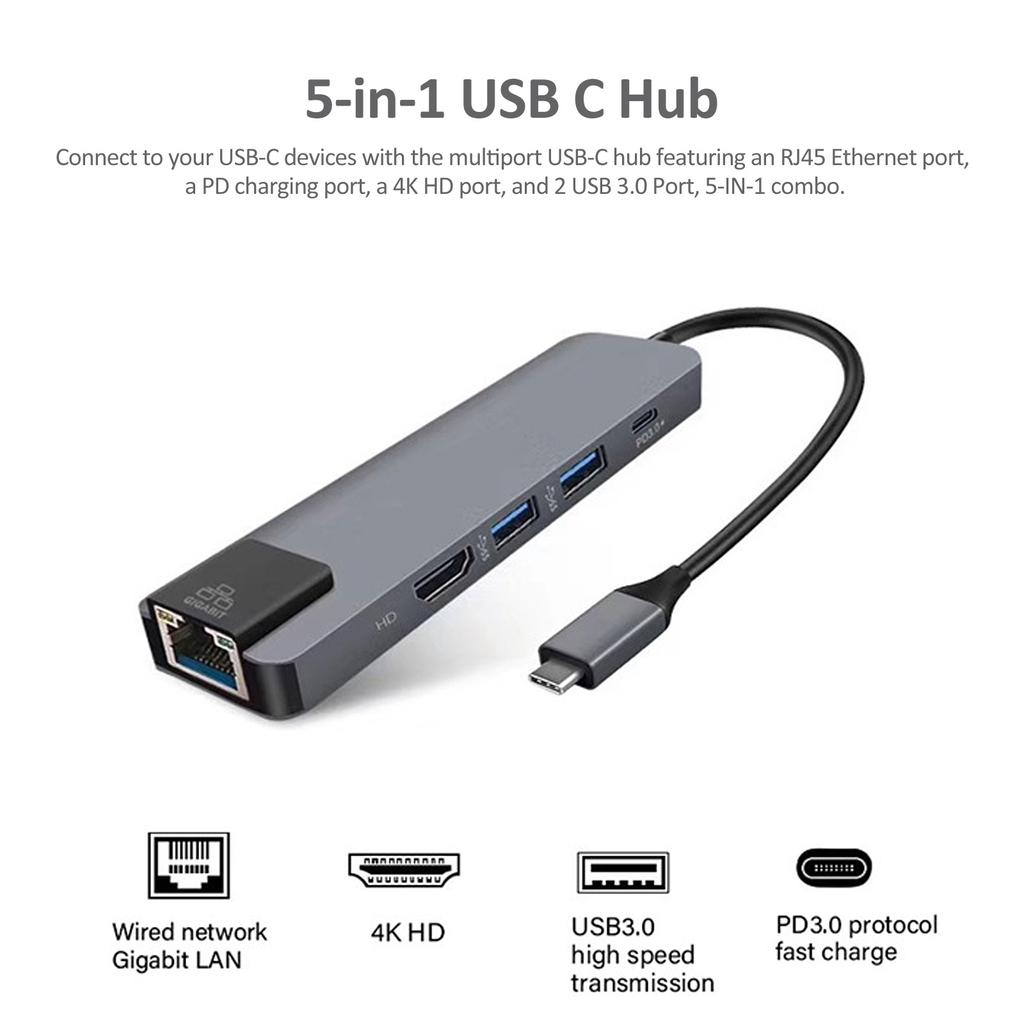 Многопортовый адаптер док-станции USB-концентратора TypeC 5IN1 с 4K HD RJ45 Ethernet USB 3.0 PD