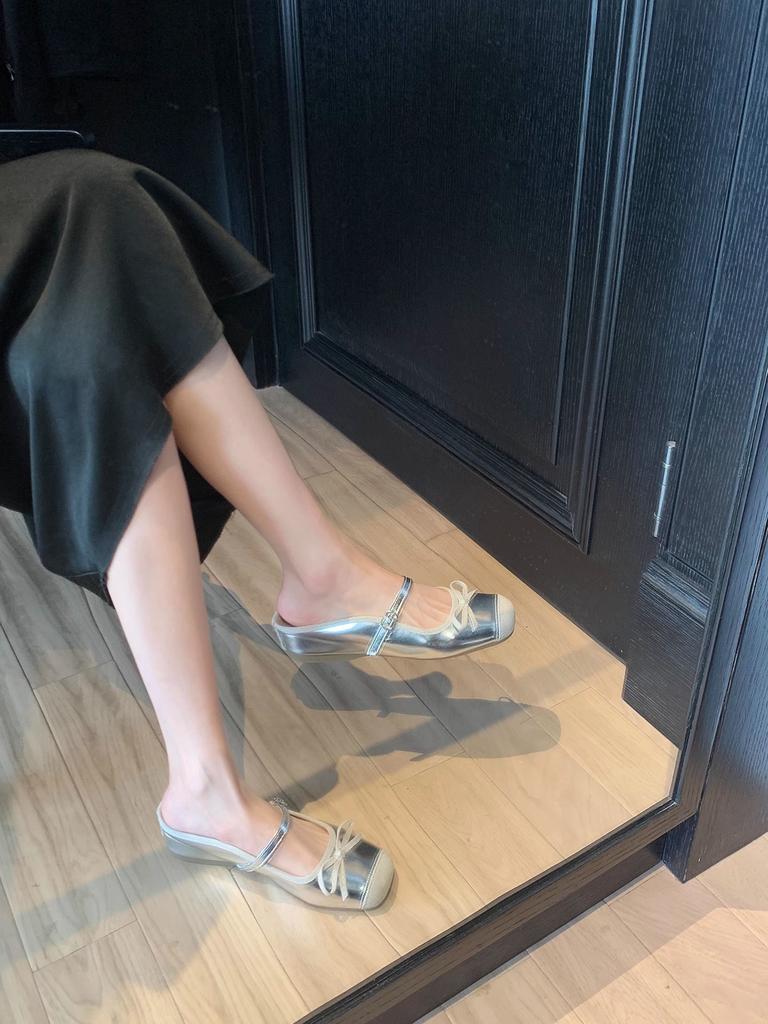 Виноградная мать Хуэйчжоу женская обувь серебристые туфли-лодочки женские летние Сяосянфэн полуподнос балетки бант французская повседневная обувь