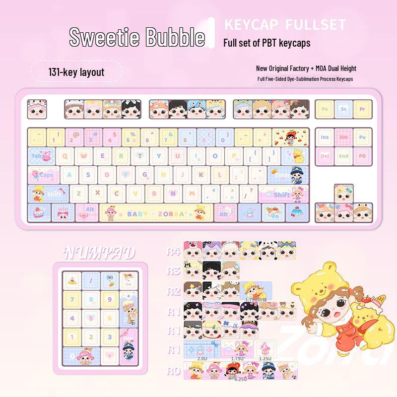 Милые колпачки для клавиш 'Sweetheart Bubble Cute Girl', PBT Dye-Sublimation, Профиль MOA, Совместимы с Keychron, Razer, Logitech