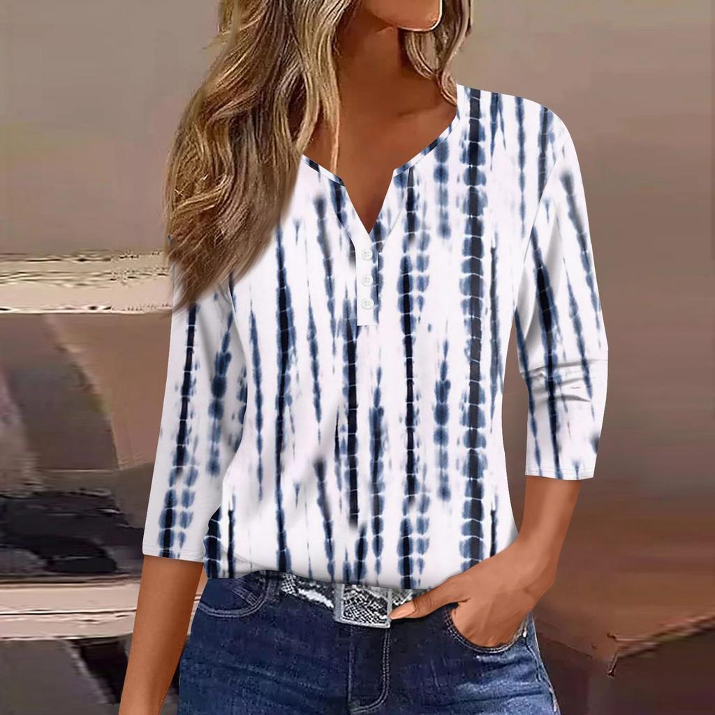 Жен. Футболка С принтом Пуговицы Рукав 3/4 Повседневные Выходные Мода Классический V-образный вырез Обычный Верх