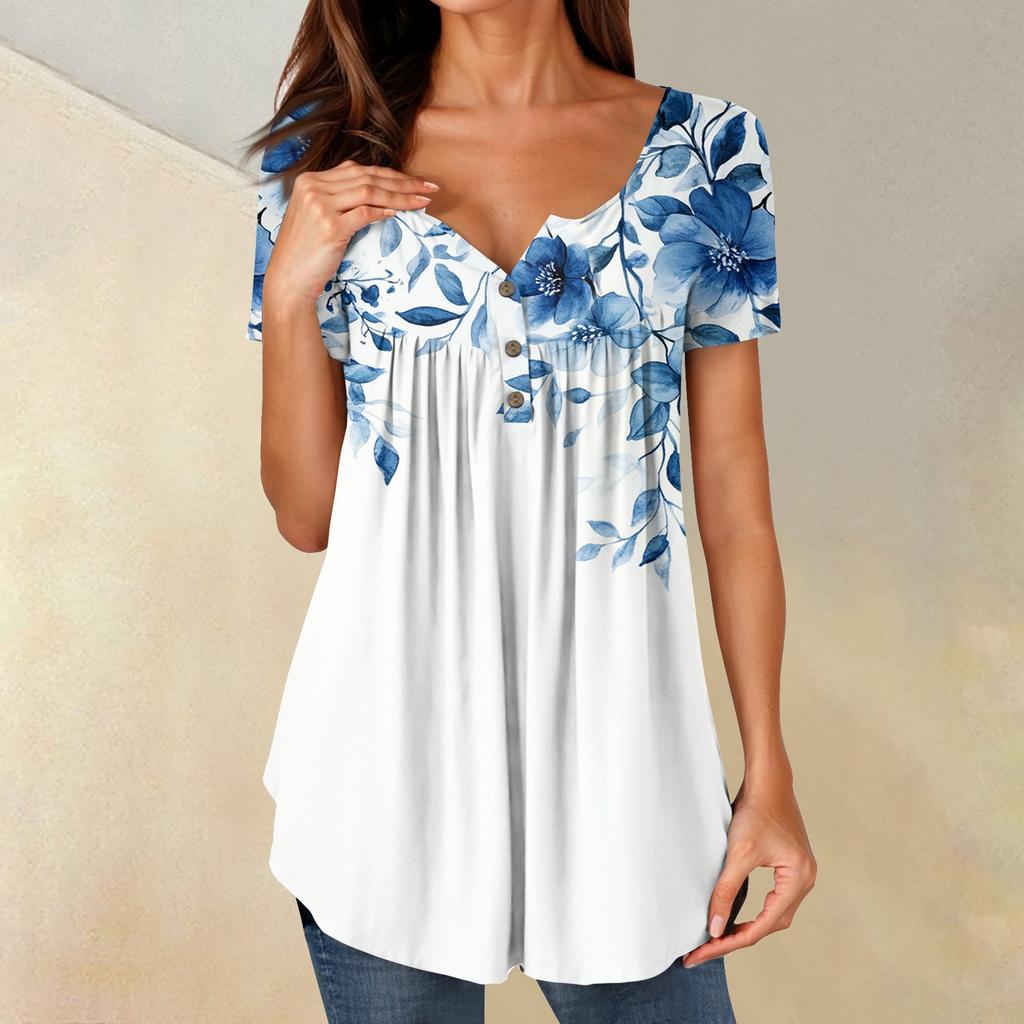 Women Tunic Tops Dressy Casual Summer Short Sleeve Shirts Loose Fit Pleated Boho Top