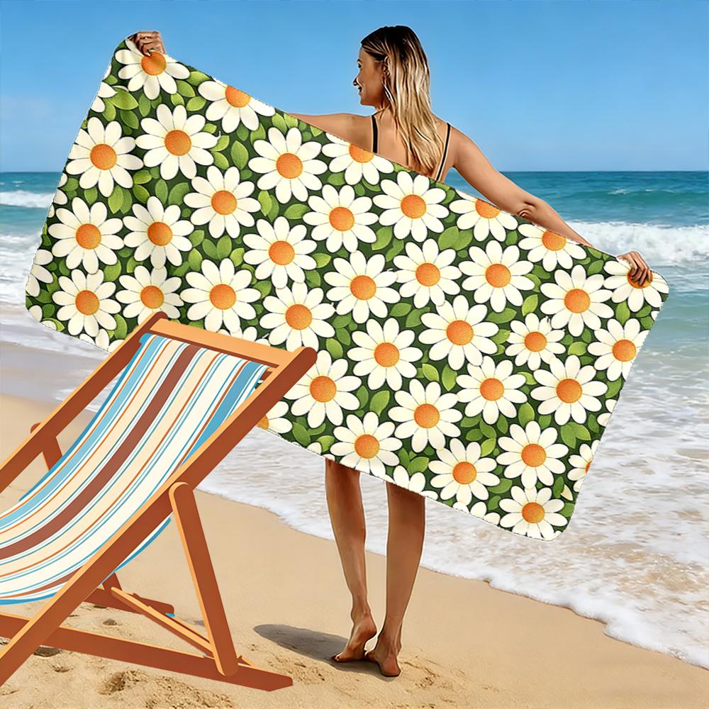 Daisy Pattern Green Background Towel Beach towel quick-drying for travel outdoor sports jogging beach and swimming