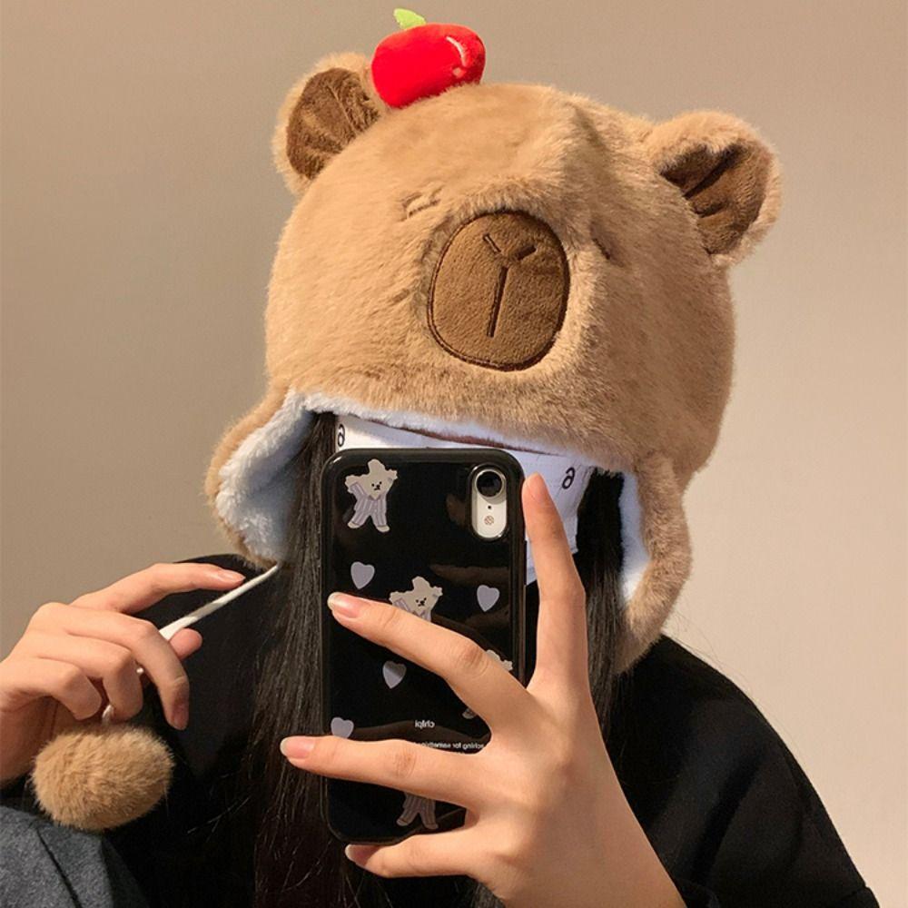 Шапка-пуловер Милая шапка капибары Мультяшная плюшевая шапка Милые животные Ушки Шапки-бини Зима Осень