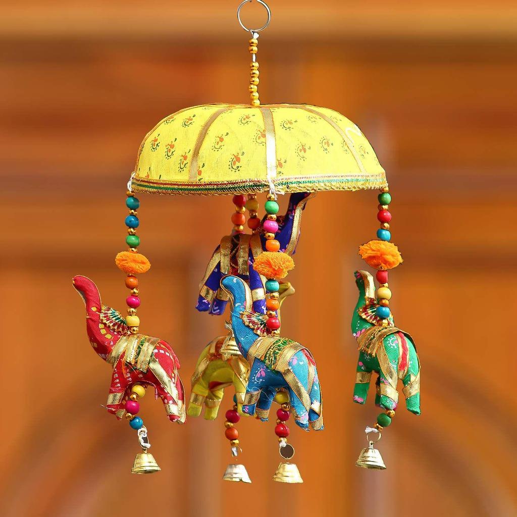 Multicolor Handcrafted Decorative Five Elephant Wall/Door/Window Hanging Bells Wind Chimes Showpiece for Home Decor, Wall Decor, Pooja Room Temple