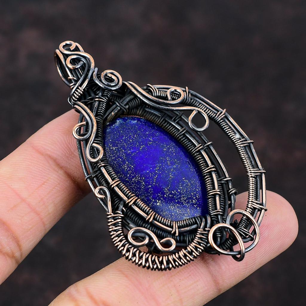 Подвеска из лазурита, медная проволочная обертка, ювелирное изделие ручной работы, антикварная подвеска, подвеска из драгоценного камня, лазуритовая медная ювелирная подвеска, подарок для нее