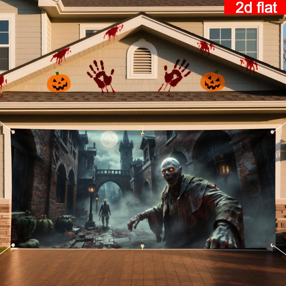 2D flat, 1 large Halloween garage door flag - zombie apocalypse decoration with tattered shirt zombie, horror scene background