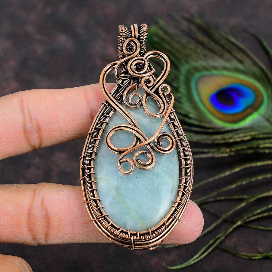 Aquamarine Handmade Copper Wire Wrap Jewelry Pendant 3.43 W1S97