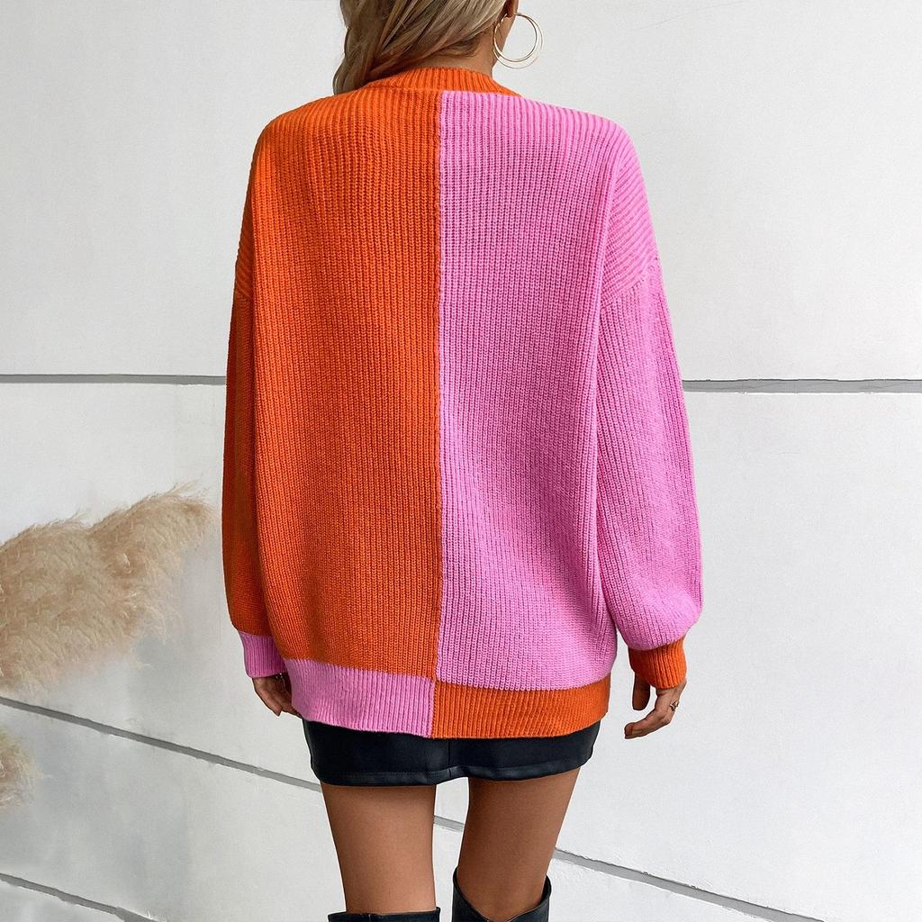 Women's Color Block Sweater Casual Loose Long Sleeved Knitted Cardigan Jacket