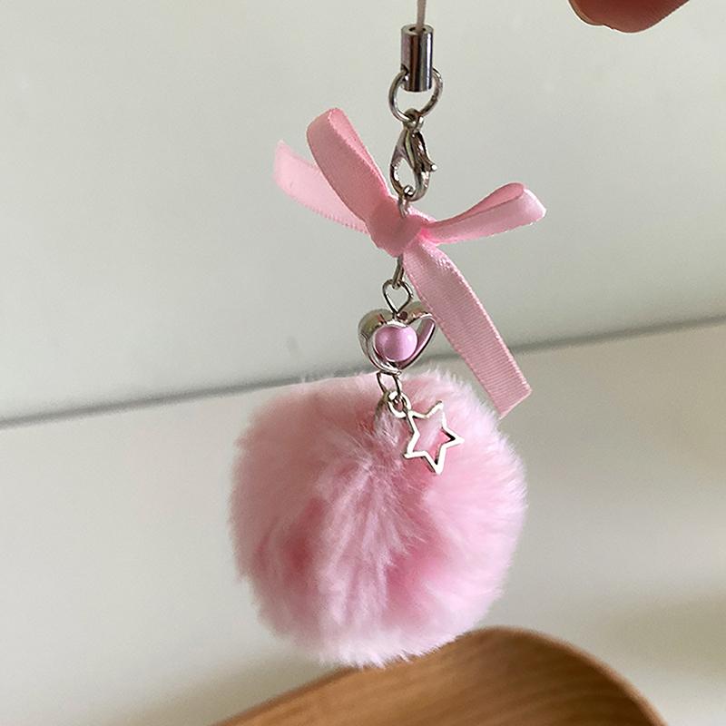 Fashionable Fur Ball Mobile Phone Chain With Bow, Cute And Sweet Pendant Keychain