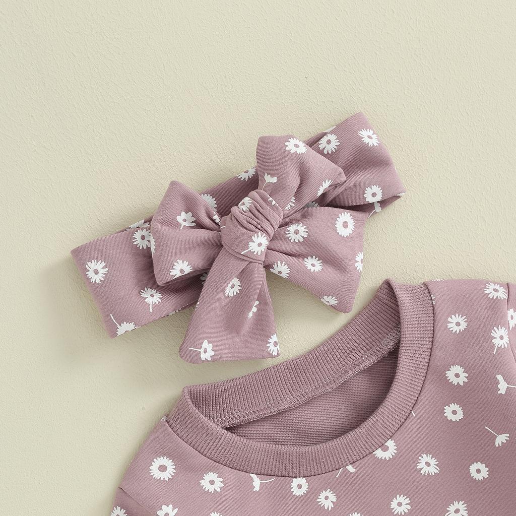 Наряд для маленьких девочек, толстовка с длинными рукавами и круглым вырезом с цветочным принтом, спортивные штаны, повязка на голову, осенний наряд