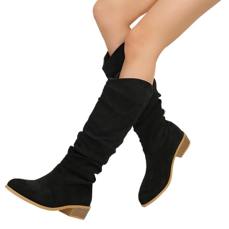 Зимняя горячая распродажа женской обуви 2024 Высокое качество Однотонные Туфли с острым носком Модные Квадратный каблук Сапоги-чулки из замши для женщин