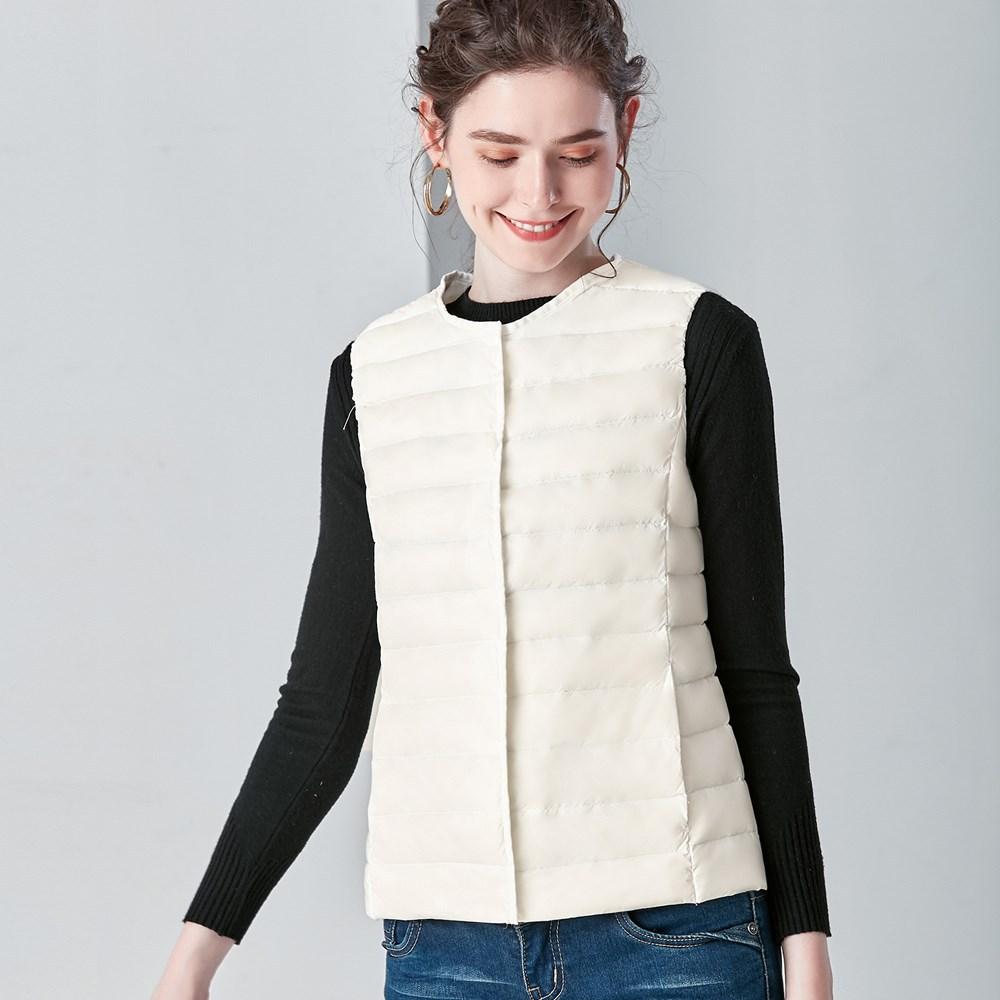 Fall Winter Women Crew Neck Sleeveless Single Breasted Lightweight Short White Duck Down Jacket