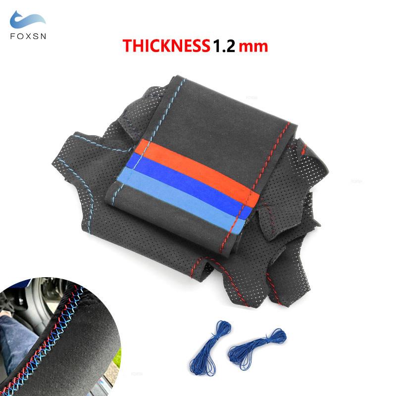 Black Suede Leather Hand Sewing Steering Wheel Cover Trim With Strips For BMW M Sport E90 320i 325i 330i 335i E87 120i 130i