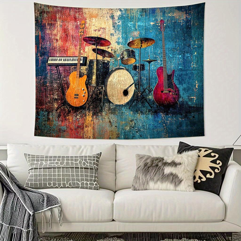 Retro Graffiti Musical Instruments Digital printing polyester wall tapestry suitable for use in living rooms offices bars party
