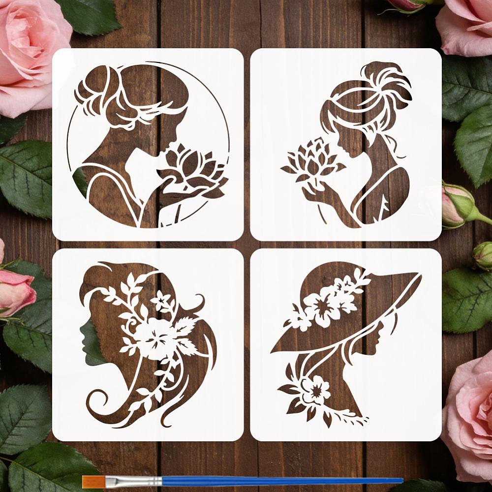 4Pcs 4 Styles PET Hollow Out Drawing Painting Stencils for DIY Scrapbook Photo Album Human 150x150mm 1pc/style