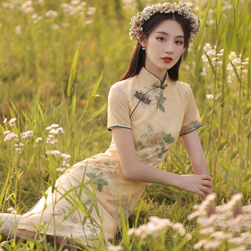 Улучшенное повседневное платье Cheongsam с короткими рукавами в китайском стиле в стиле ретро