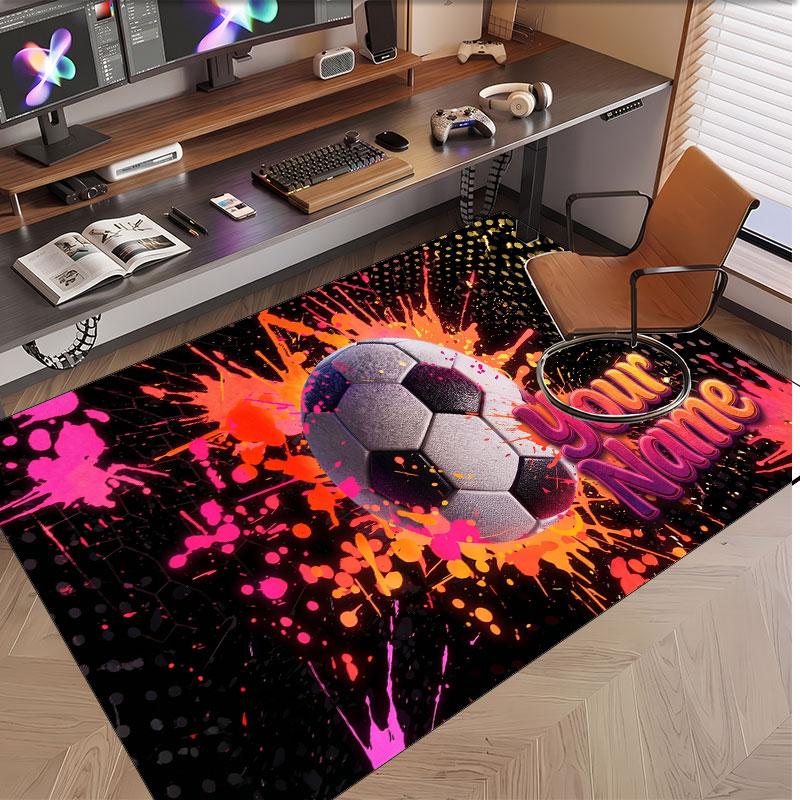 Soccer Theme Soft Crystal Velvet Rug Custom Name & Text Print Non Slip Floor Rug for Bedroom Living Room