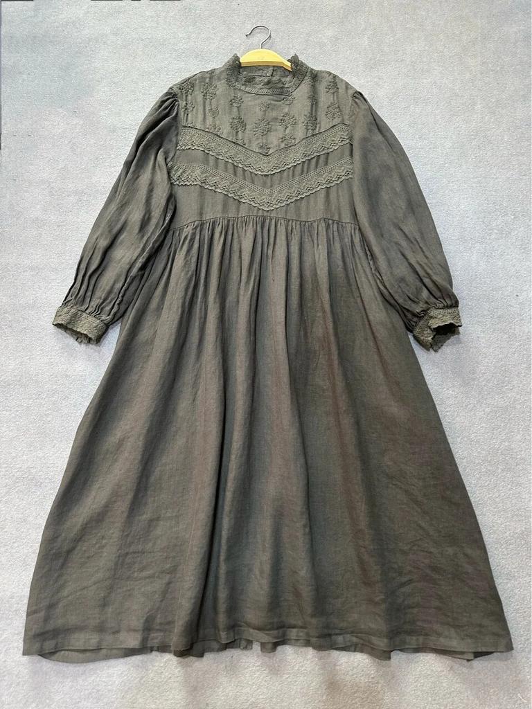 Johnature Japanese Mori Women Embroidered Dress Autumn Vintage French Puff Sleeves Lace Collar Autumn Long Dress