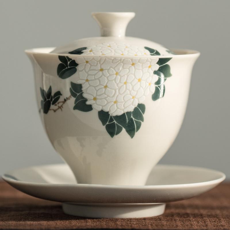 Dehua Ceramic Sancai Cover Bowl, Plant Ash Handmade Cover Bowl Ceramic Kung Fu Tea Set Tea Bowl Cocoa Printing