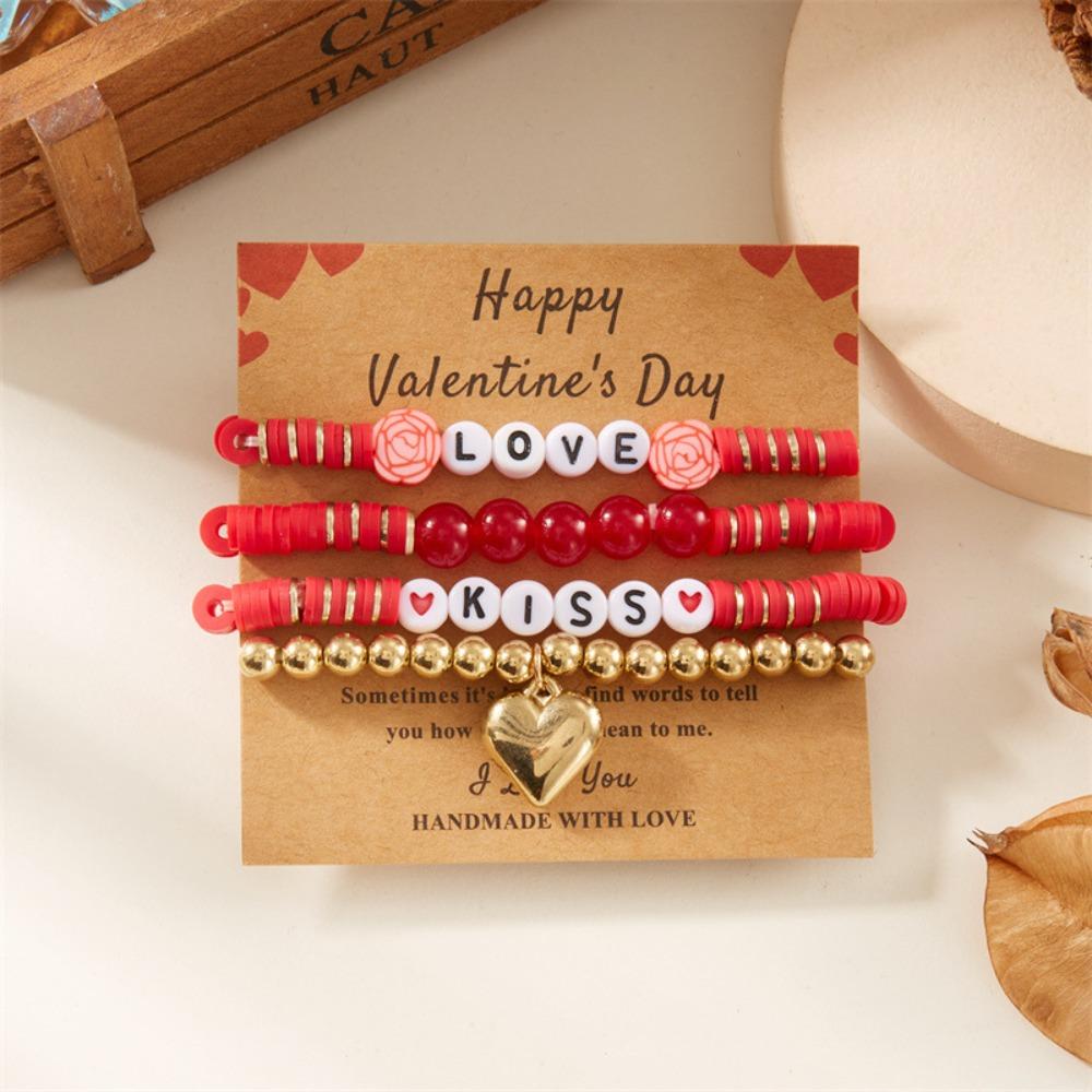 New “LOVE” Pink Heart-shaped Pendant Beaded Elastic Multi-layered Layered Bracelets  for Women Girl Valentine's Day Gift Jewelry