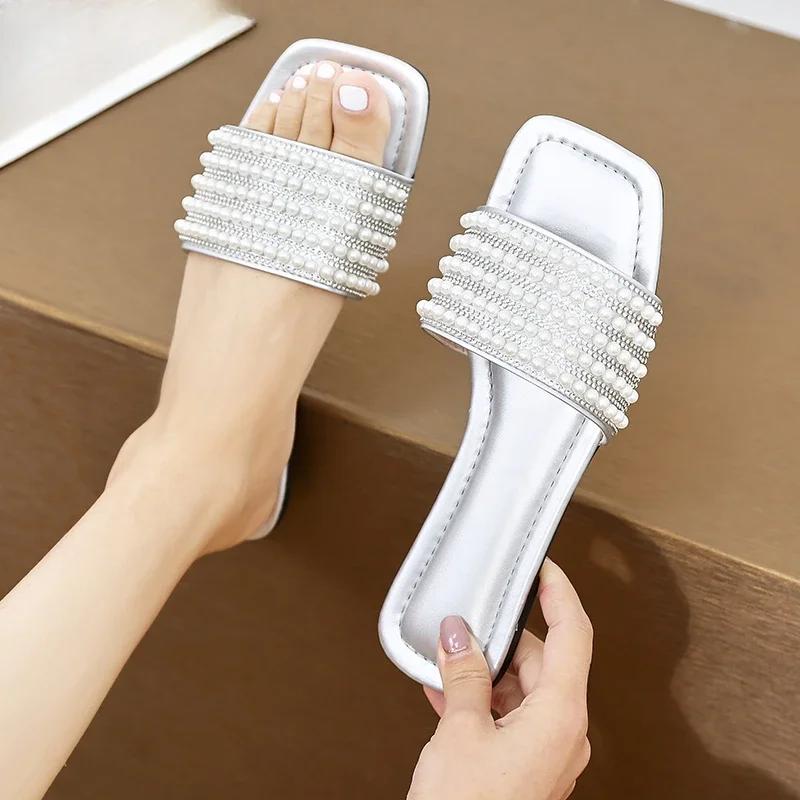Плоские шлепанцы для женщин, модные женские сандалии с бисером, летние женские тапочки конфетных цветов