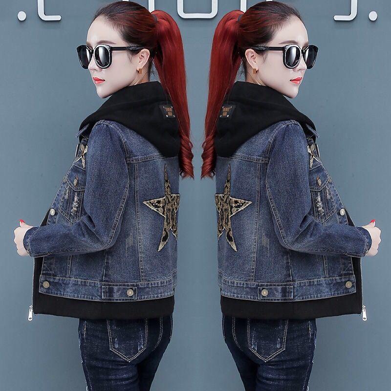 Autumn Women's Fashion Printed Hooded Denim Short Jacket