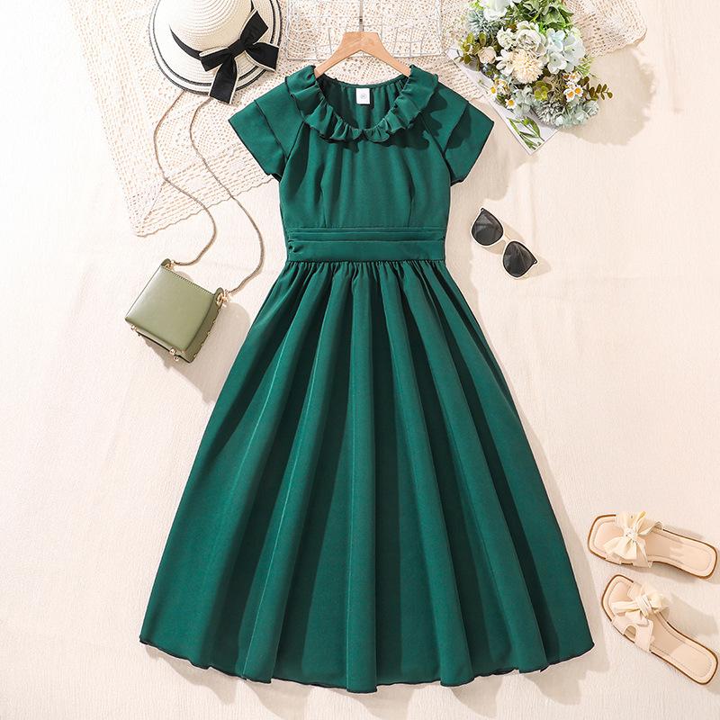 7-12Y Girls' Children's Suit Children's Dress Summer Skirt New Solid Colour Splicing Sleeve Princess Skirt