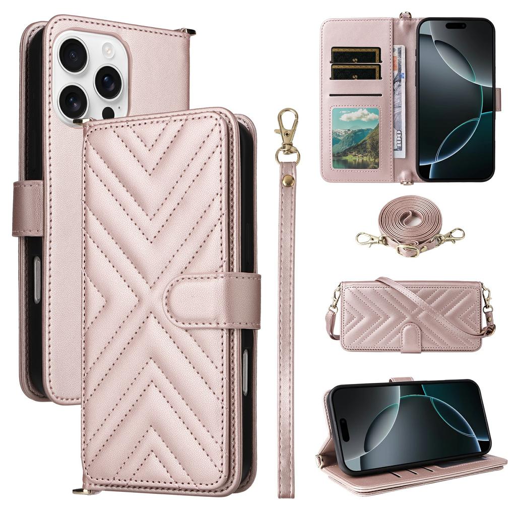 For iPhone 16 Pro Max Wallet Case with Shoulder/Wrist Strap Leather Phone Cover Stand