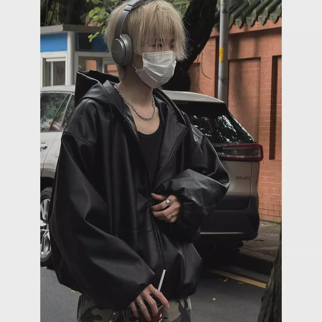 Men's Black Hooded PU Leather Baseball Jacket - Stylish Retro Spring/Autumn Outerwear