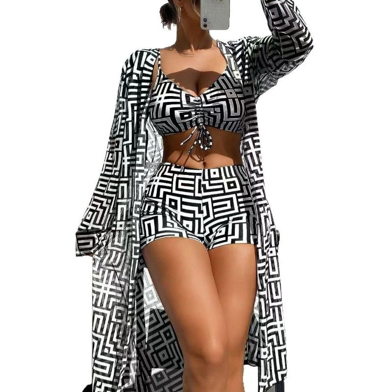 Новый европейский и американский женский раздельный купальник, блузка, трехкомпонентный, собирающий, пляжный, с высокой талией, бикини