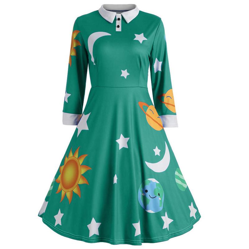 Magic School Bus Cosplay Ms.Frizzle Costume Solar System Long Sleeves Dress Elegant Printed Blue Dress for Party