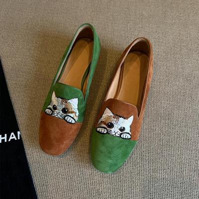 Вариант из овчины! Новые вышитые лоферы-котята для женщин на одну ногу, простая верхняя одежда, удобные кожаные одинарные туфли на плоской подошве.