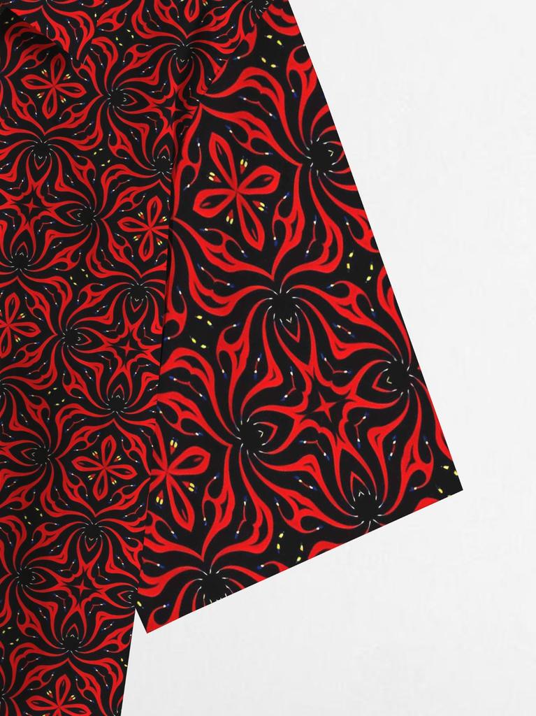 Hawaii Men'S Retro Red Geometric Print Casual Shirt - Short Sleeve Button Design, Vibrant Colors, All Season Outdoor And Casual Wear, Machine Washable