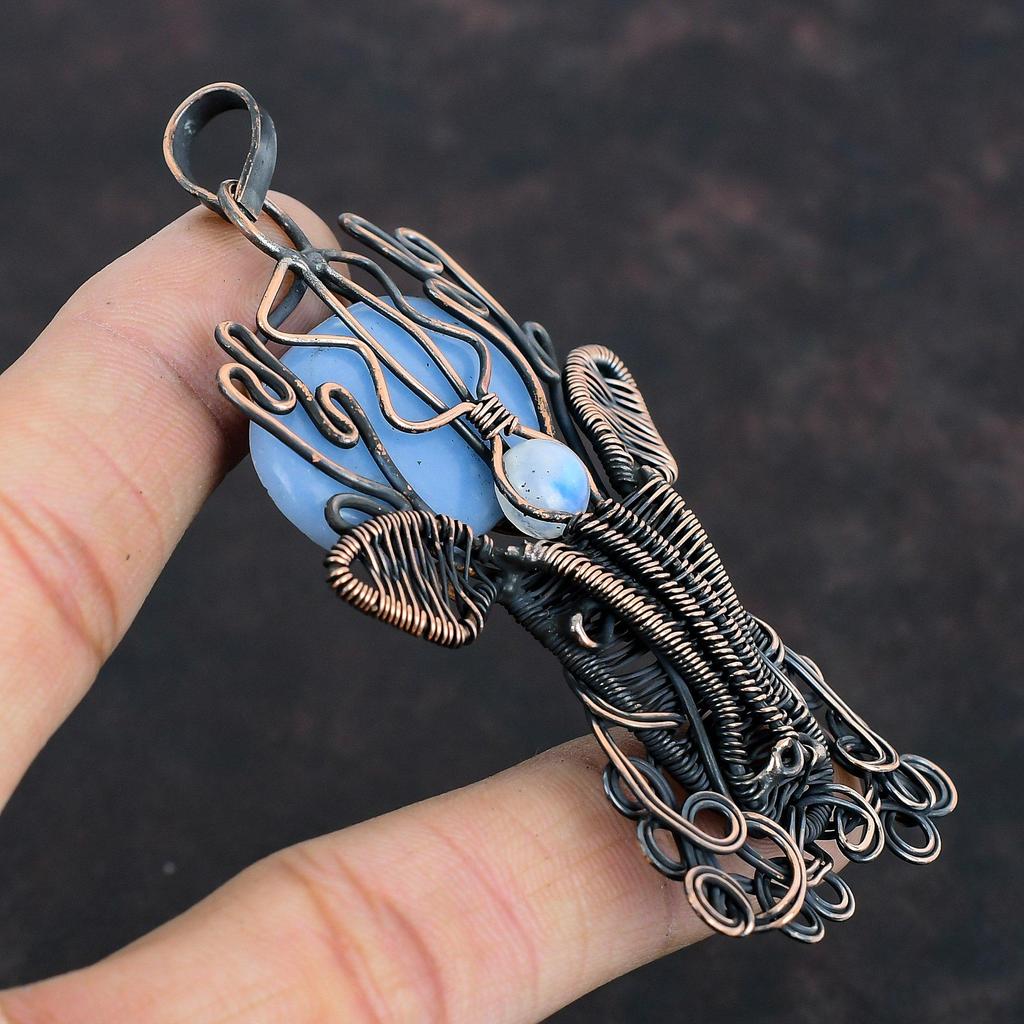 Angelite Copper Pendant Wire Wrapped Jewelry Rainbow Moonstone Gemstone Pendant Wire Wrap Deer Face Pendant Handmade Copper Jewelry For Gift