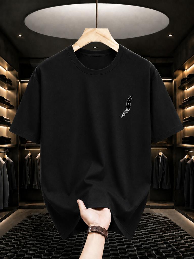 2026 New 100 Cotton Tee Minimal Left Chest Feather Small Graphic Casual Short Sleeve