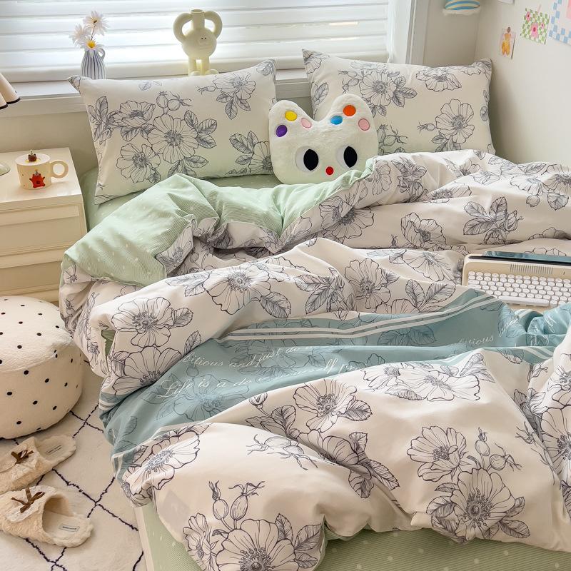 Набор из 4 предметов Класс А Материнский Младенческий класс Маленький Свежий Шлифованный Набор из 4 предметов Приятная к коже Простыня Стиранный хлопок Пододеяльник Общежитие Набор из 3 предметов