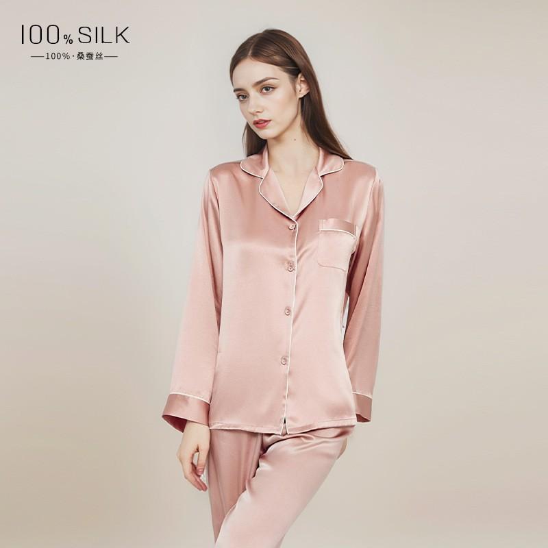 Womens 100% Pure Silk Pajama Set Long Sleeve Pants Lightweight Sleepwear Home Loungewear Fall Winter