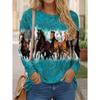 Women's T Shirt Tee Horse Print Daily Casual Long Sleeve Crew Neck Blue Spring Fall