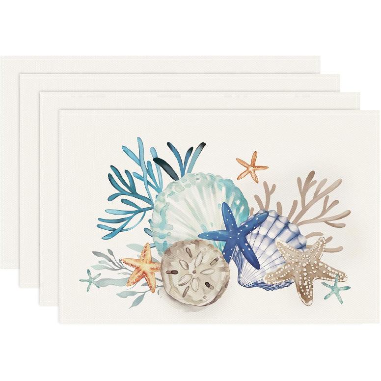 Bonhause Nautical Coastal Placemats Set of 4, 12x18 Inch Beach Starfish Seashell Ocean Coral Summer Kitchen Dining Table Mats Washable Place Mats for
