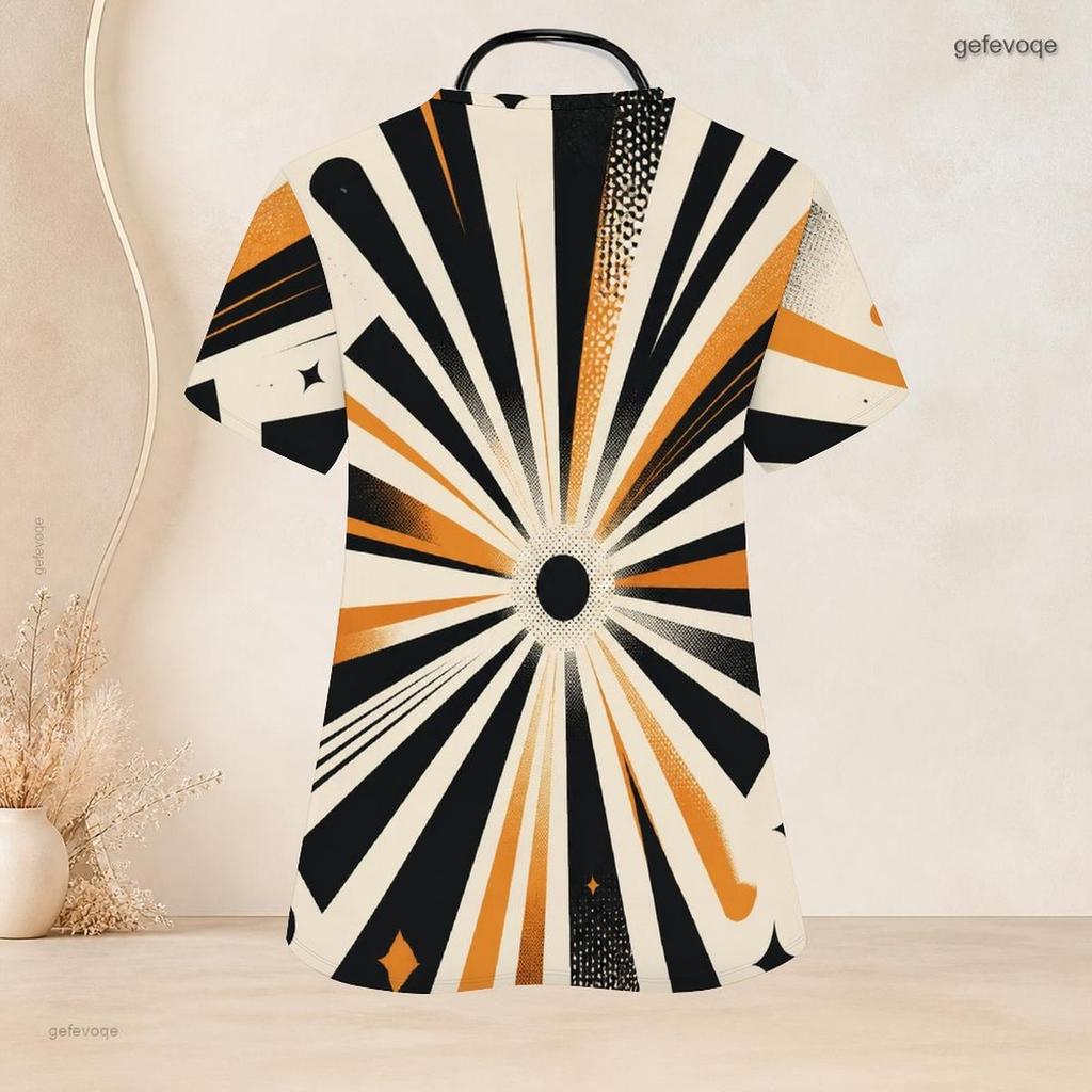 Women Plus Size Geometric Printed Scrub Top Keyhole Neck Short Sleeve With Front Pockets
