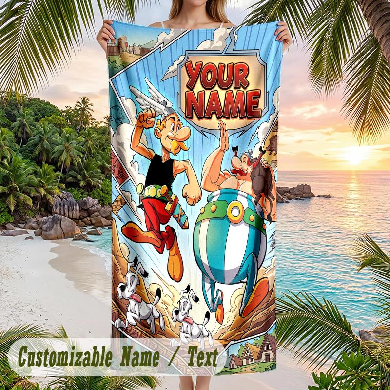 Asterix & Obelix Beach Towel, Personalized Custom Text, Quick Dry Soft Large Towel For Swimming Pool Travel