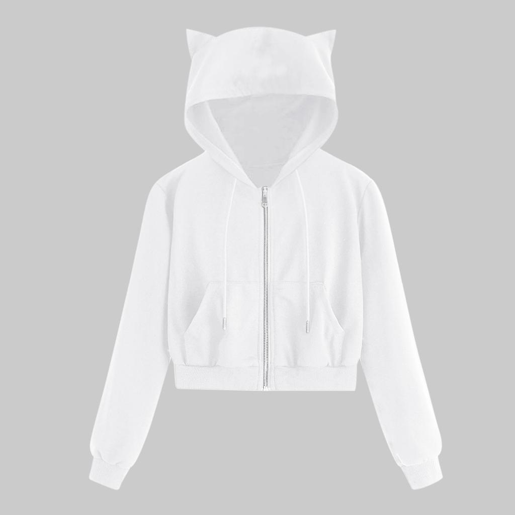 Women Casual Solid Long Sleeve Zipper Pocket Shirt Cat Hooded Sweatshirt Tops